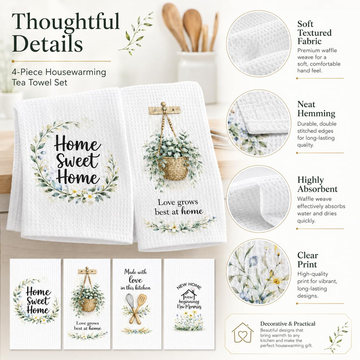 PUQGAOIP New Home Gifts, 4 Pack 40x60cm Waffle Tea Towels, Watercolour Printed House Warming Gifts New Home