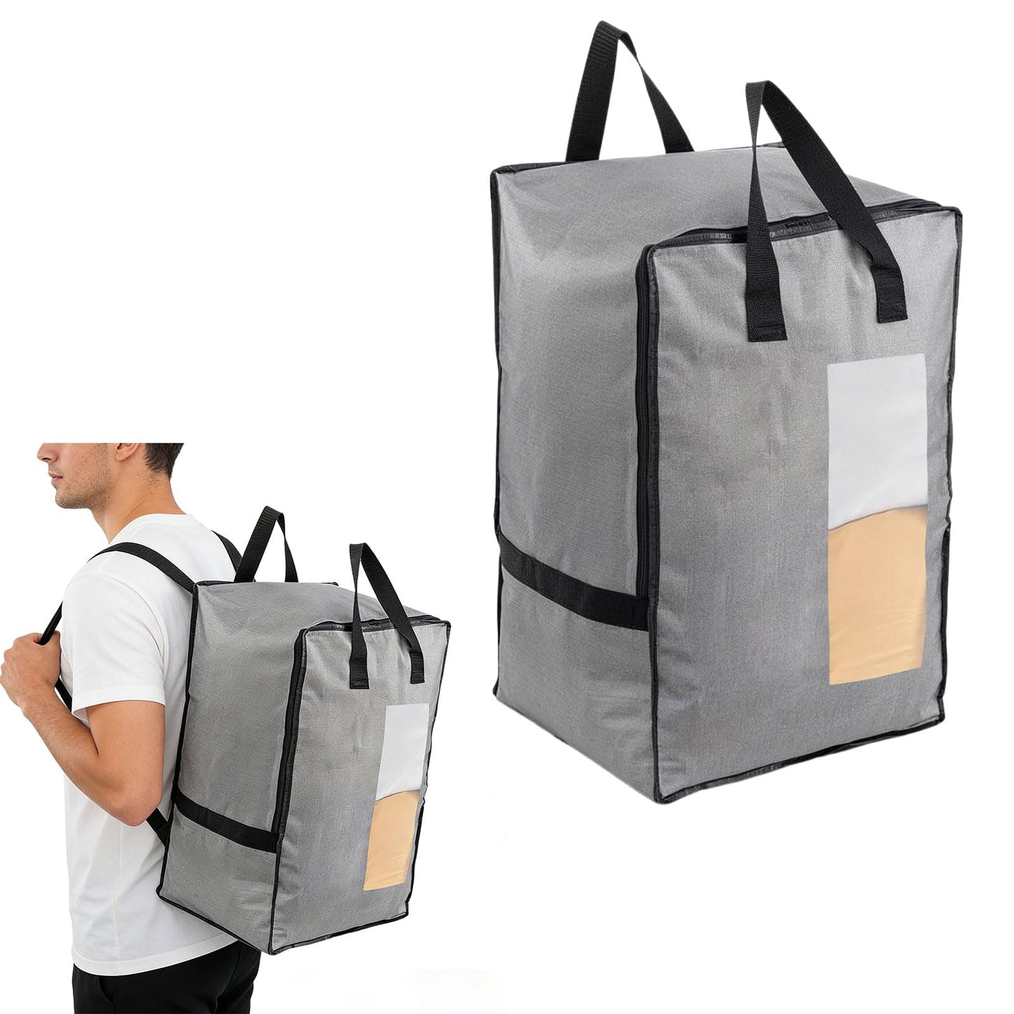Culinavog 2PCS Backpack Moving Bag, Large Storage Bags with Lid and Zips, Tear-Resistant Reusable with Handle and Backpack Straps Transparent Window