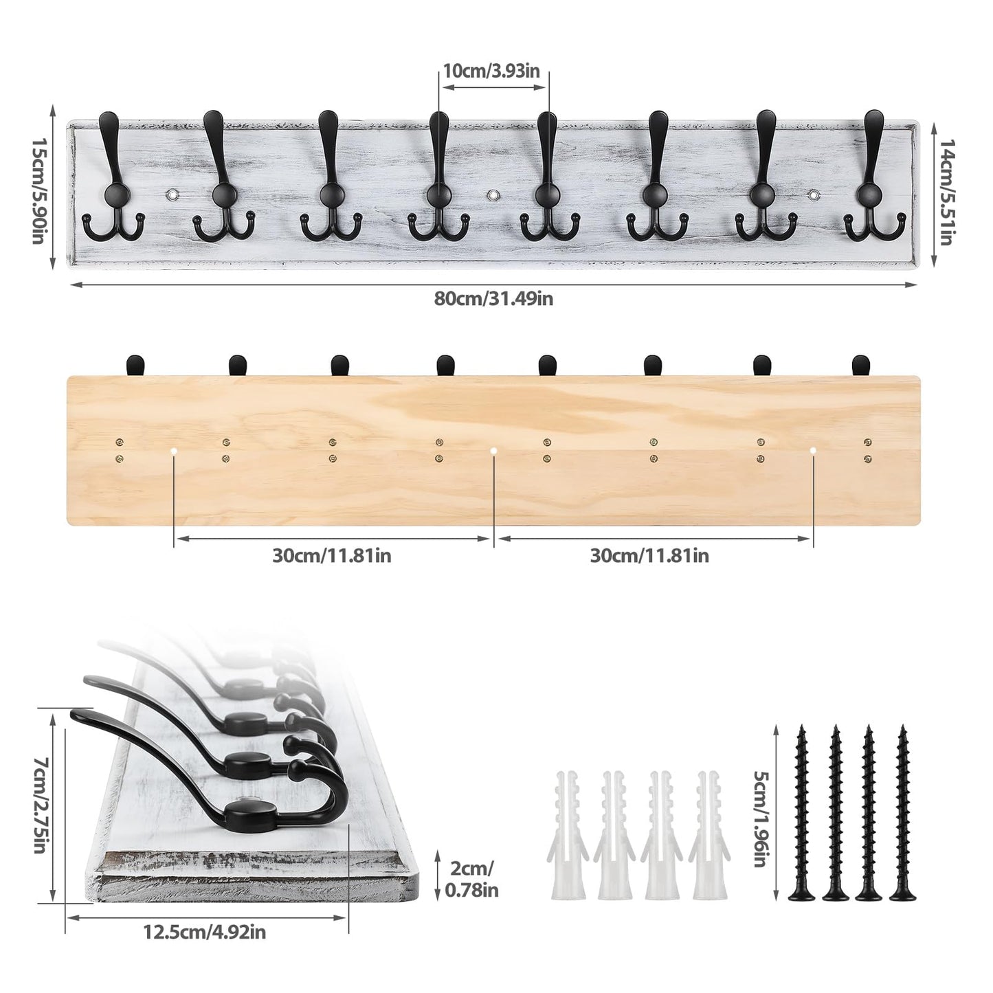 PHINGEER Wall Mounted Coat Hooks, Wooden Heavy Duty Coat Rack for Wall,8 Triple Coat Hanger Hooks for Hanging Coats,Jacket,Hat,Clothes(Grey White, 8