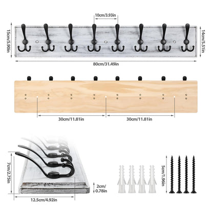 PHINGEER Wall Mounted Coat Hooks, Wooden Heavy Duty Coat Rack for Wall,8 Triple Coat Hanger Hooks for Hanging Coats,Jacket,Hat,Clothes(Grey White, 8