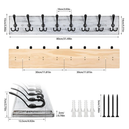 PHINGEER Wall Mounted Coat Hooks, Wooden Heavy Duty Coat Rack for Wall,8 Triple Coat Hanger Hooks for Hanging Coats,Jacket,Hat,Clothes(Grey White, 8