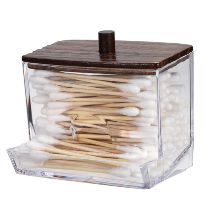 SUMTree L-shaped Qtip Cotton Ball Holder Qtip Dispenser with Wooden Lid