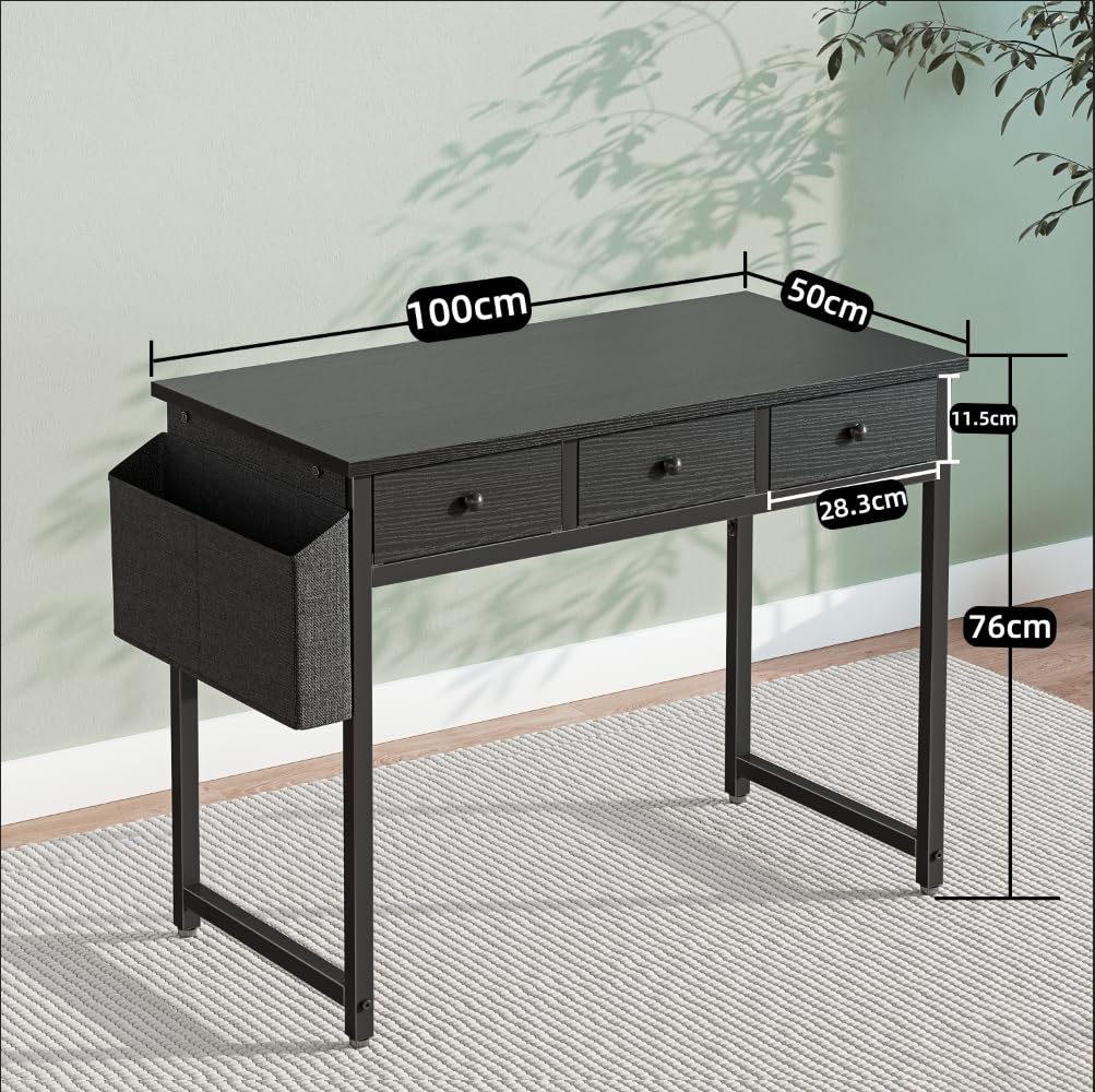 BEXEVUE Small Desk with Drawers, 100cm Comuputer Desk with Fabric Storage Drawers, Home Office Writing Desk for Small Spaces, Black