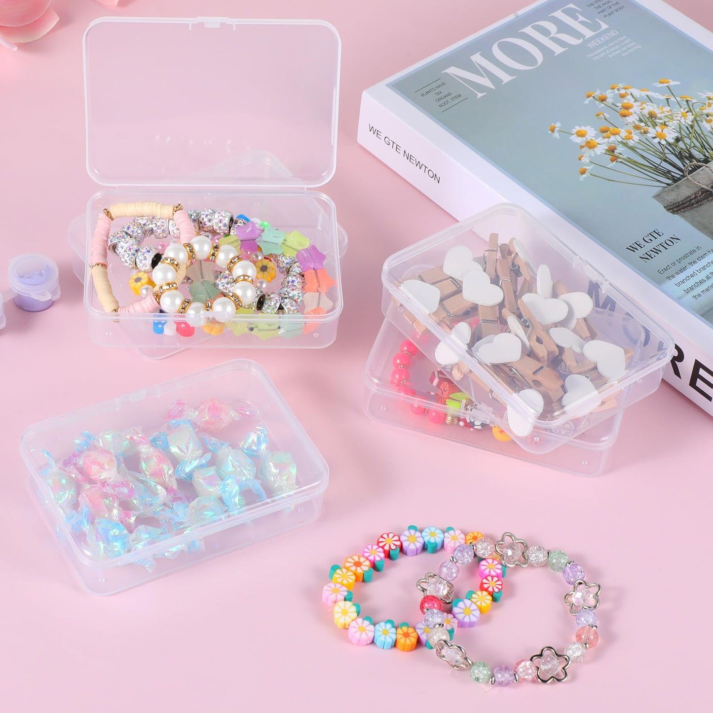 Jeffdad 5 Pcs Mini Plastic Storage Containers Box with Lid, 4x3x1 Inches Clear Rectangle Box for Collecting Small Items, Beads, Game Pieces