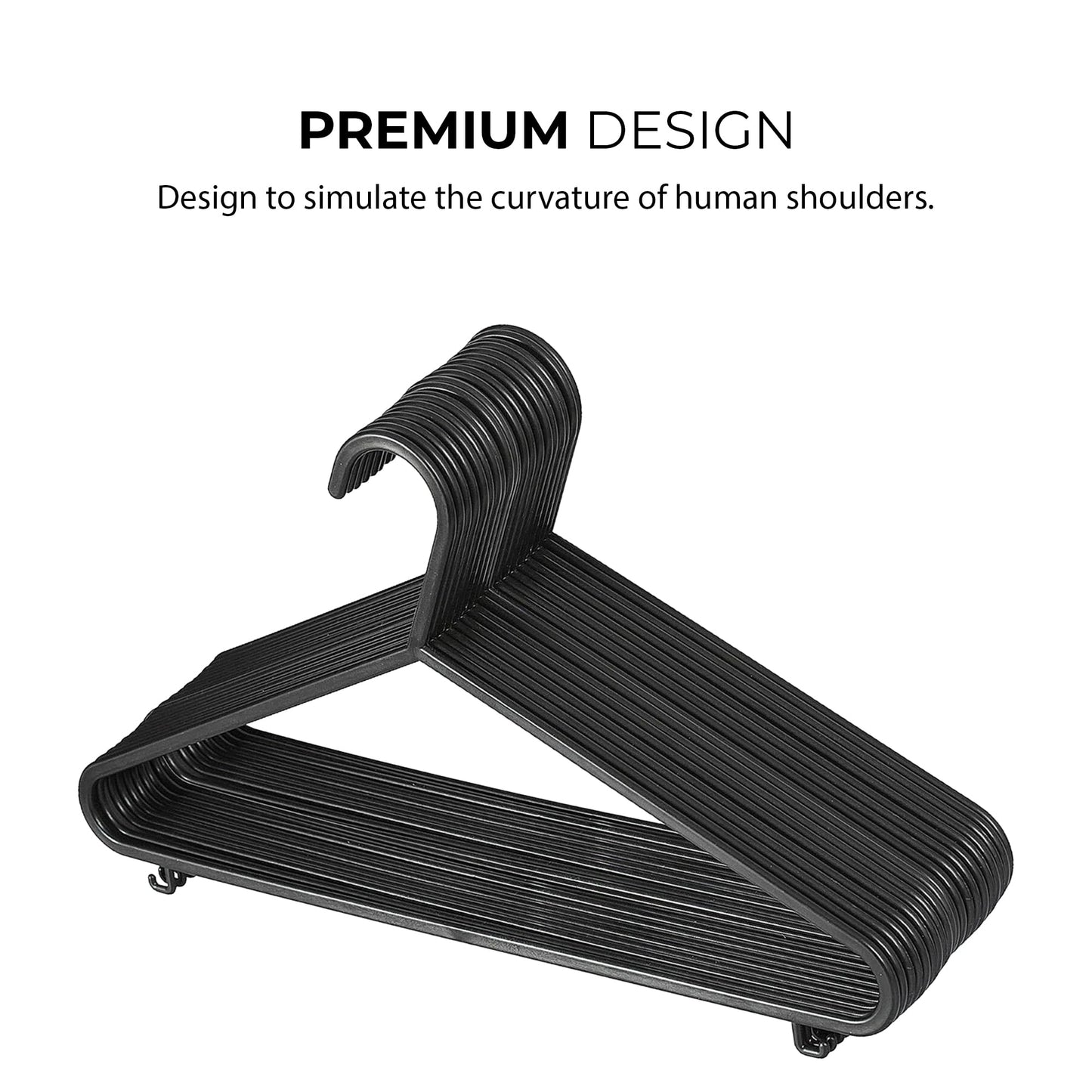 25pk Adult Plastic Coat Hangers, Black Colour Strong Clothes Hangers for Closet, Space Saving Hangers with Suit Pants Trouser Bar, and Strap Hooks