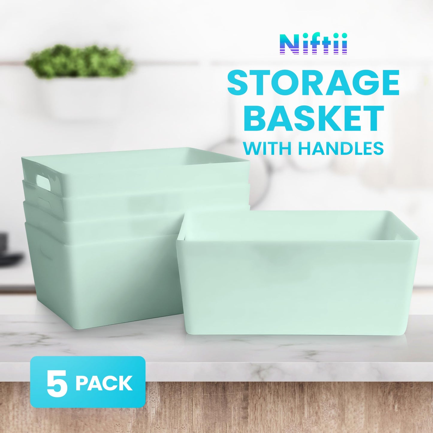 Niftii 5-Pack Plastic Storage Baskets with Sturdy Handles, Lightweight & Durable Design, Ideal for Kitchen, Bathroom, and Cleaning Organisation