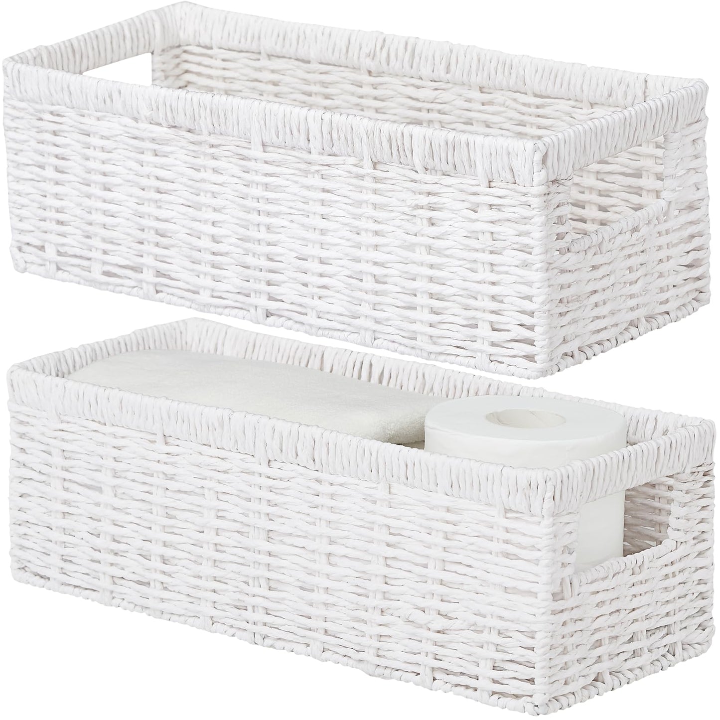 Vagusicc Wicker Storage Baskets with Handle, Handwoven Set of 2 Storage Baskets for Shelves, Wicker Organizer Basket, Toilet Paper Basket