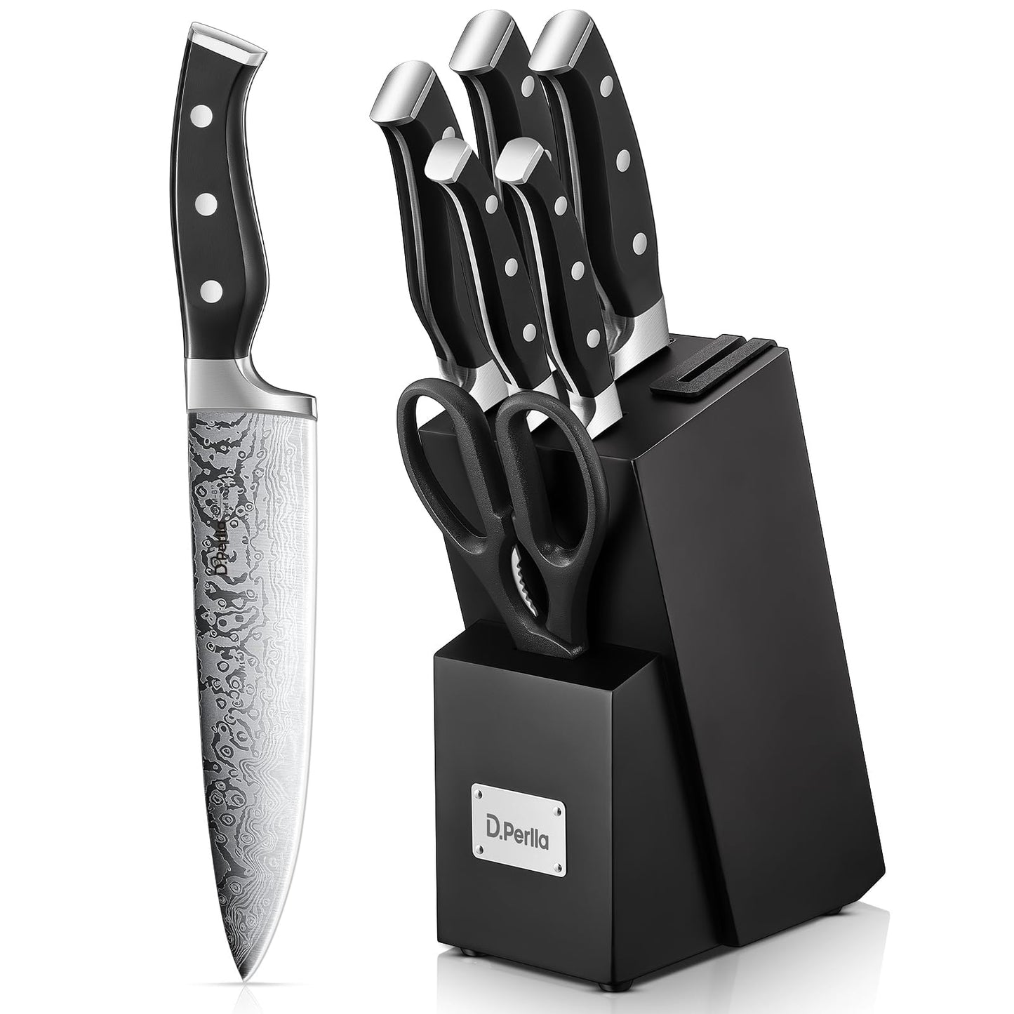 D.Perlla Knife Set, 7 Pieces Kitchen Knife Set with Self Sharpening Wooden Block, German Stainless Steel Knife Block Set with Triple Riveted Ergonomic