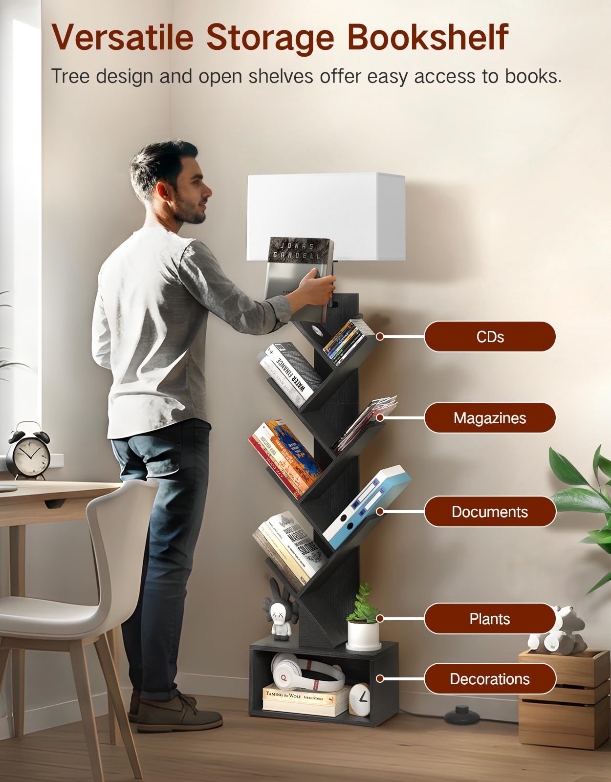 OUTONLIFE 6 Tier Tree Bookshelf with Light & Remote, Small Bookcase with Storage Cabinet, Modern Corner Bookshelves Organizer