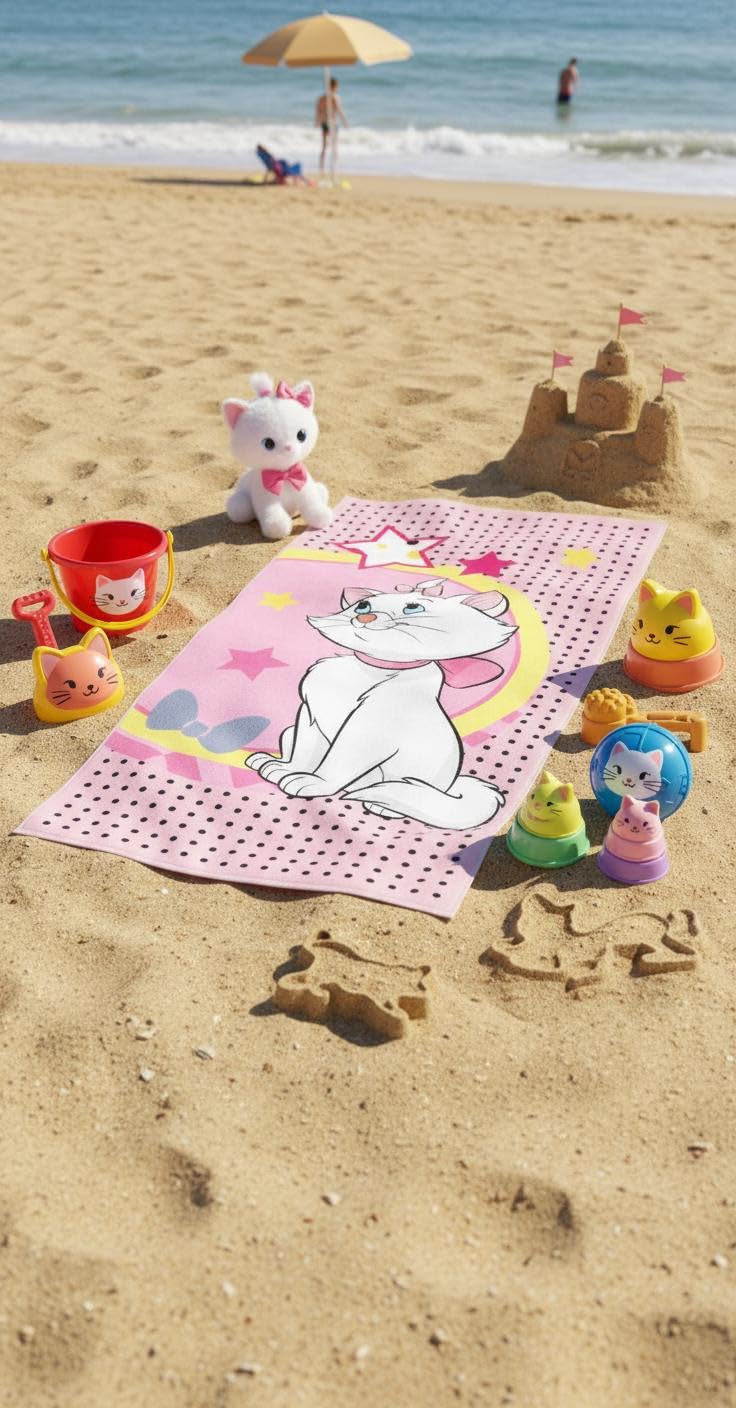 BrandMac Disney Aristocats Marie Beach & Bath Towel 70x140cm, 100% Cotton | Soft & Absorbent Kids Bath & Swim Towel | “Marie” Pink Floral Design