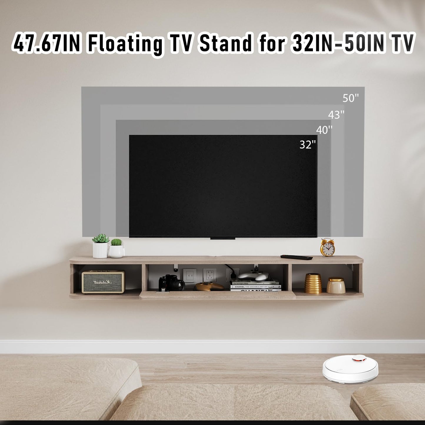Pmnianhua Floating TV Shelf, Wall Mounted TV Cabinet, Floating Shelves with Door, Modern Entertainment Media Console Center Large Storage Under TV