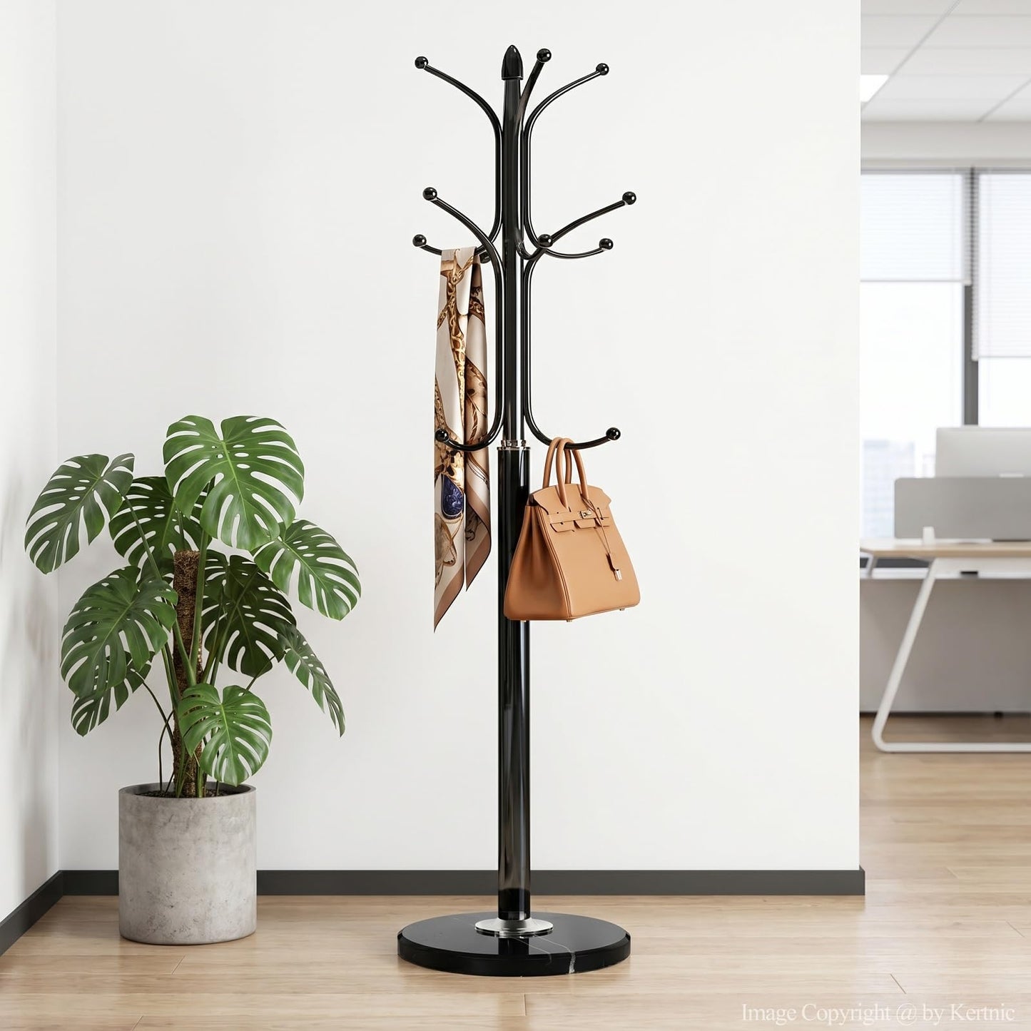 Kertnic Metal Coat Rack Stand with Natural Marble Base, Free Standing Hall Tree with 12 Hooks for Hanging Scarf, Bag, Jacket