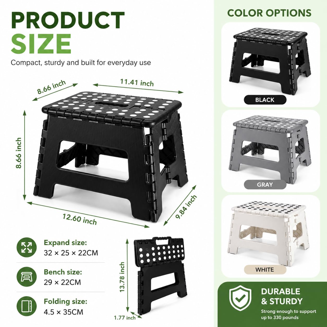 MASS DYNAMIC 9 Inch Folding Step Stool, Portable Plastic Footstool with Carry Handle, Non-Slip Top, Compact Collapsible Seat for Kitchen, Bathroom