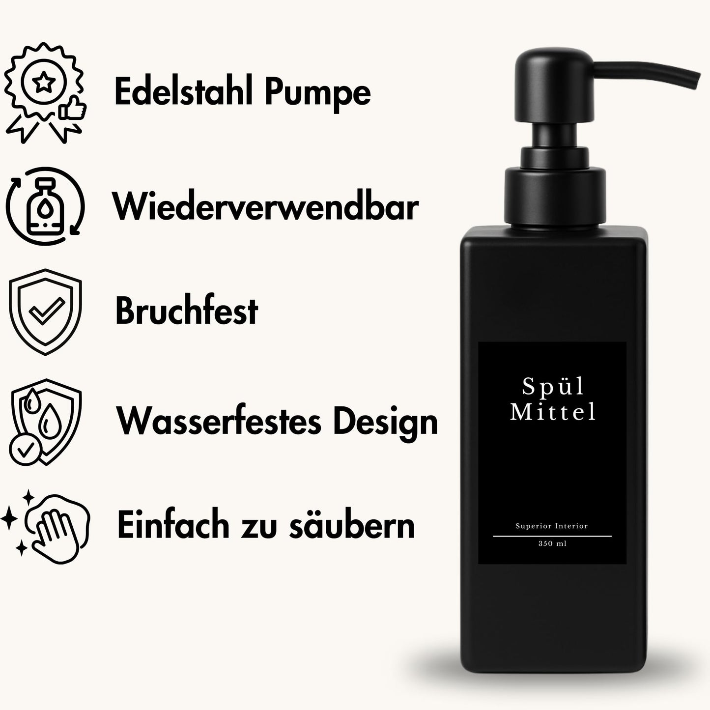 Soap Dispenser Glass Black Matt Pack of 2, 350 ml with Stainless Steel Pump - Detergent Dispenser for Kitchen