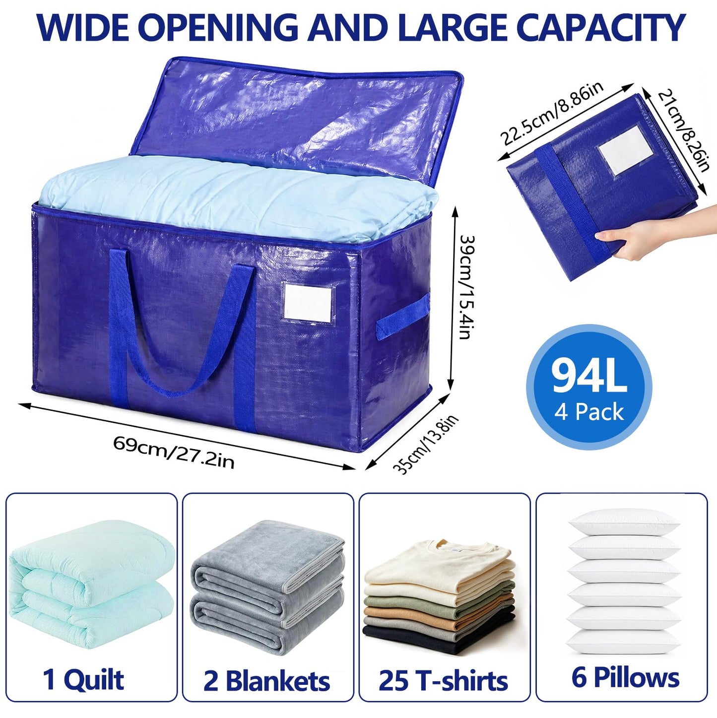 YINKIGI 4 Pcs Extra Large Strong Moving Bags, 94L Storage Bags with Zips