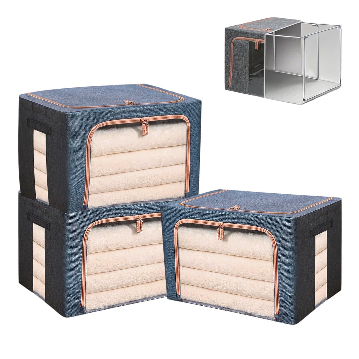 24L Clothes Storage Boxes,Stackable Cube Wardrobe Storage Organiser,Collapsible Storage With Metal Frame,Storage Bags With Zips Clear Window & Carry