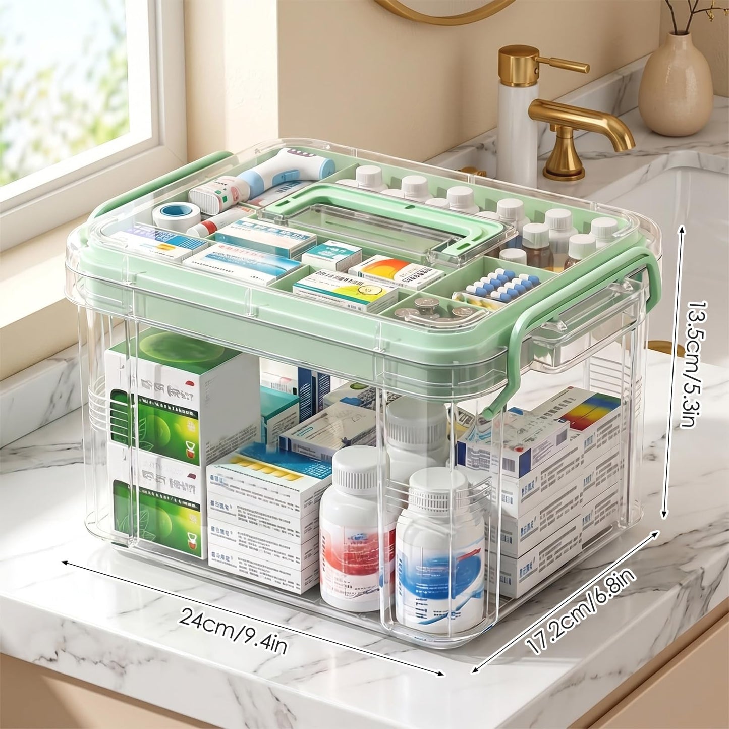 Small Medicine Storage Box, 2 Layer First Aid Box Organizer with Smooth Top Handle and Removable Tray Partitioned