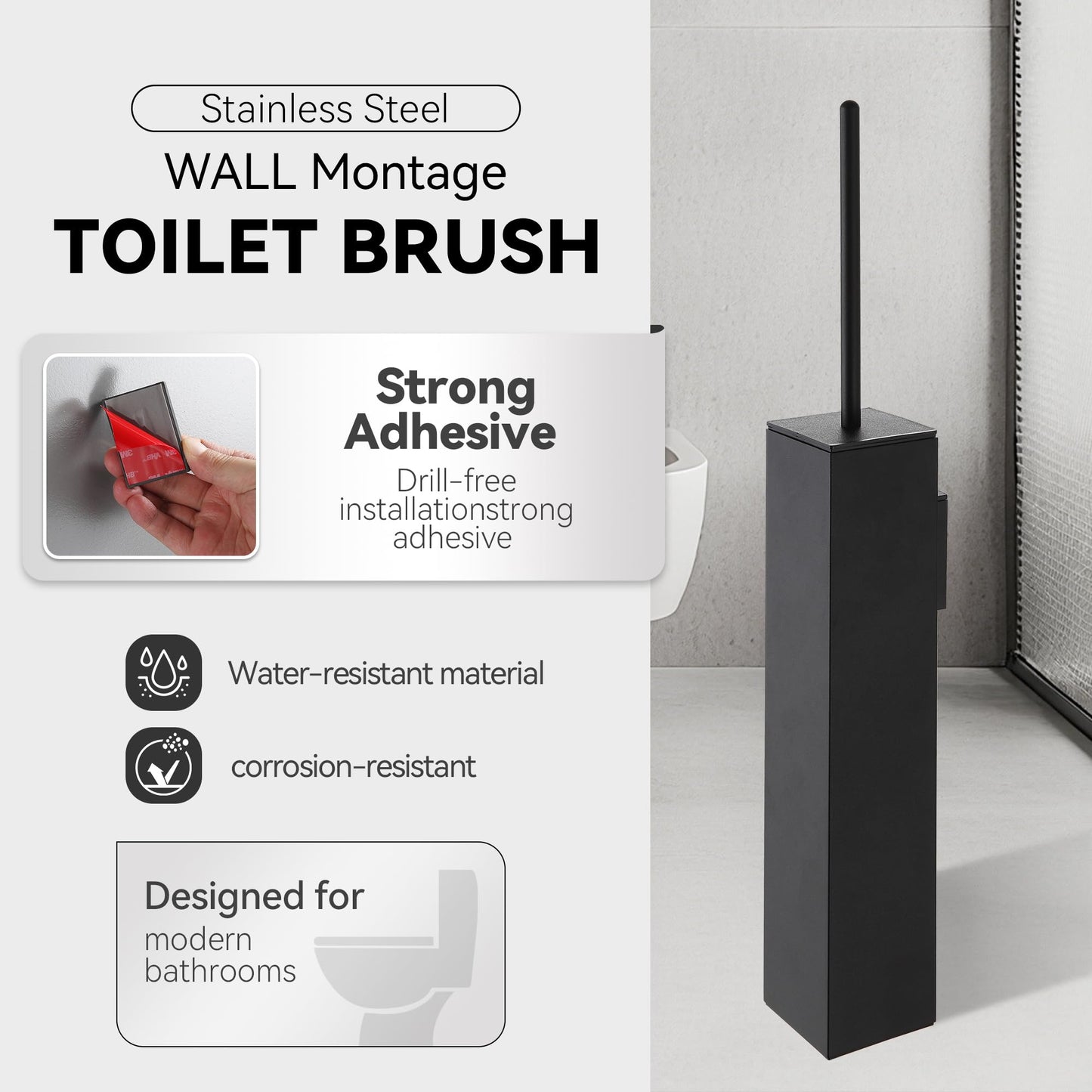 DAZI Toilet Brush WC Wall-Mounted, Toilet Brush Holder Stainless Steel Matte Black Finish without drilling