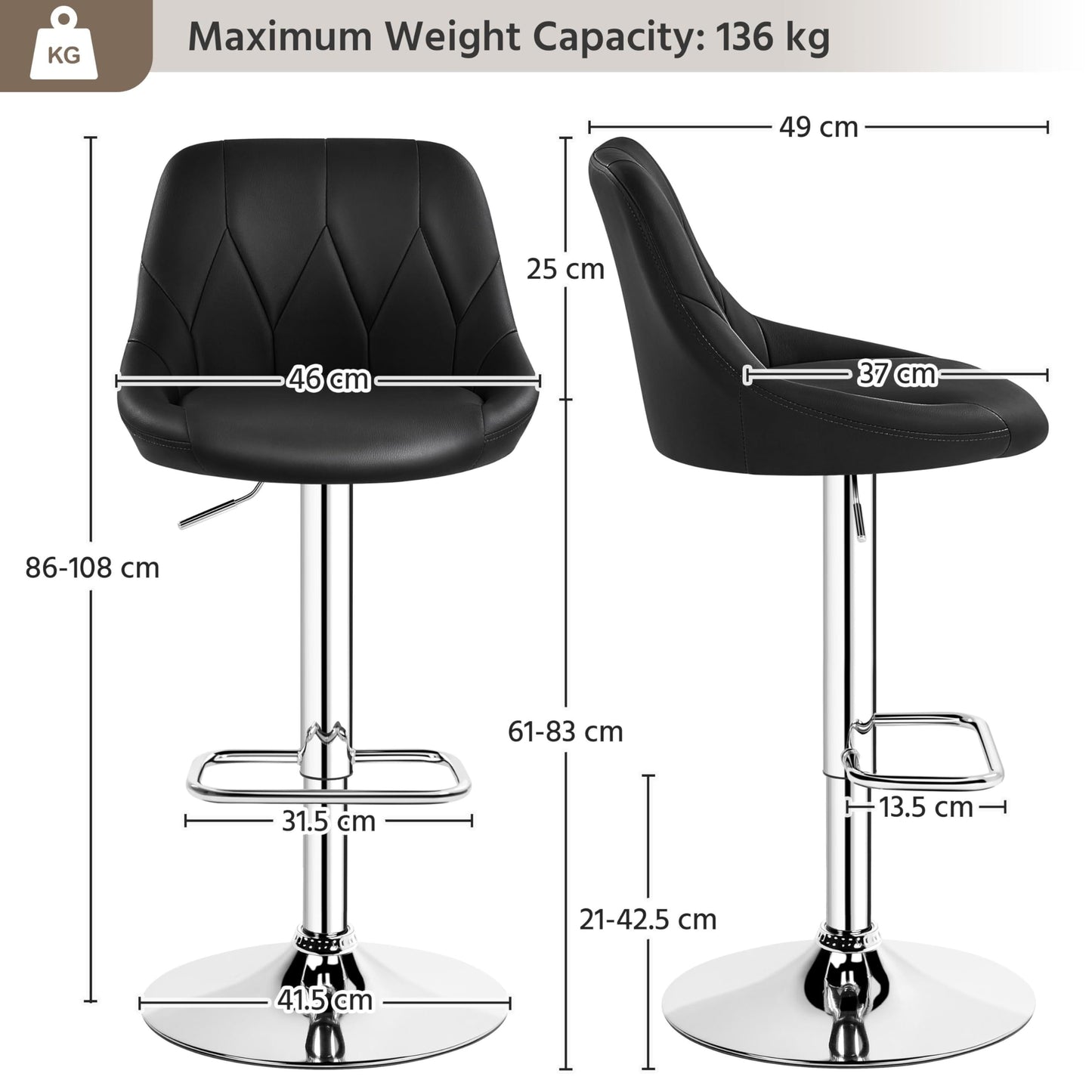 Yaheetech Modern Adjustable Swivel Counter Bar Stools 2PCS, Black