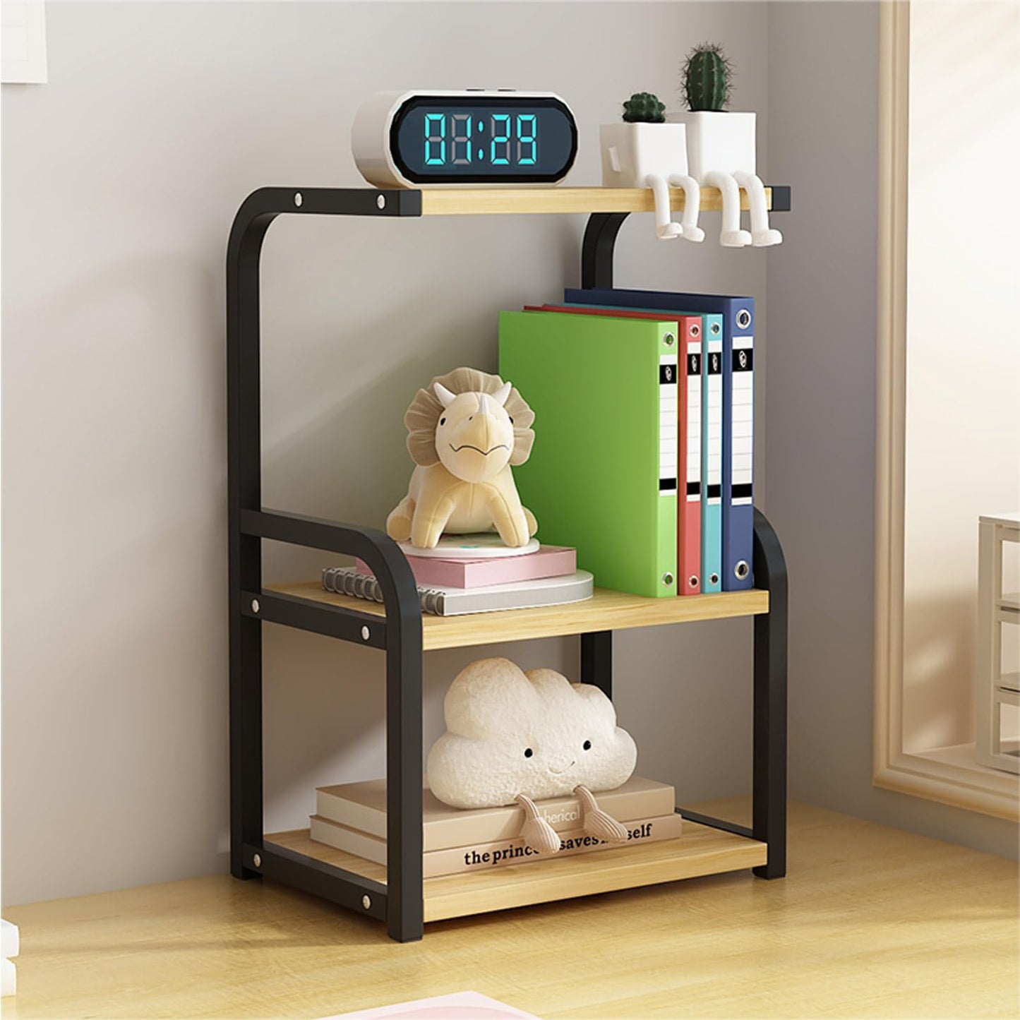 Numjeg Metal Desk Shelf Organizer, 3 Tier Office Shelves, Wood Desk Storage Rack and Freestanding Display Shelf for Office, Dressing Table