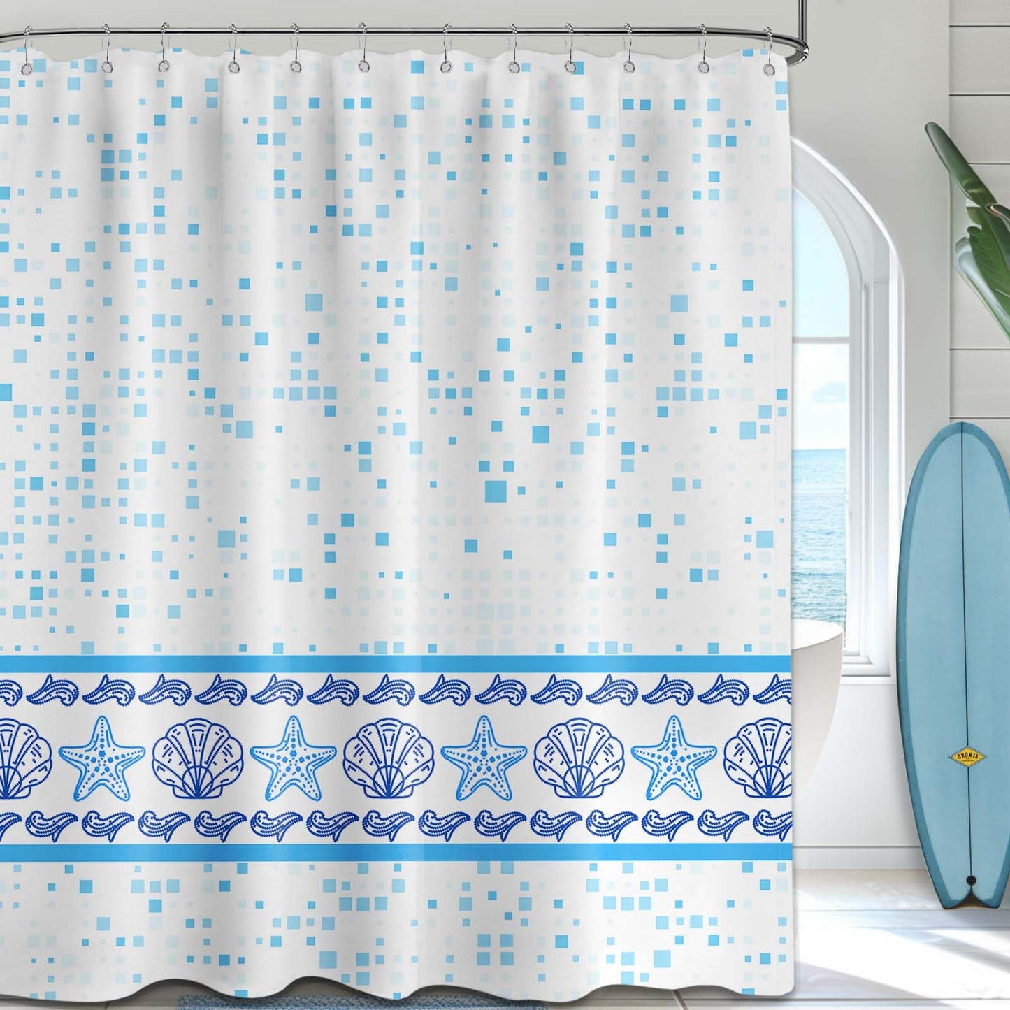 LanZanthic Blue Mosaic Shower Curtains for Bathroom Ocean Modern Geometric Wet Room Shower Curtain, Washable, Waterproof, Cloth Fabric, 180 x 240 cm