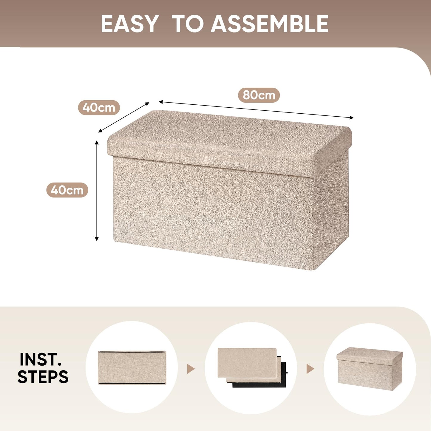 Bonlife Ottoman Bench,Large Toy Storage Box with Lid,Folding Footstool with Storage for Living Room,Hallway,Boucle Fabric,Beige,80x40x40cm