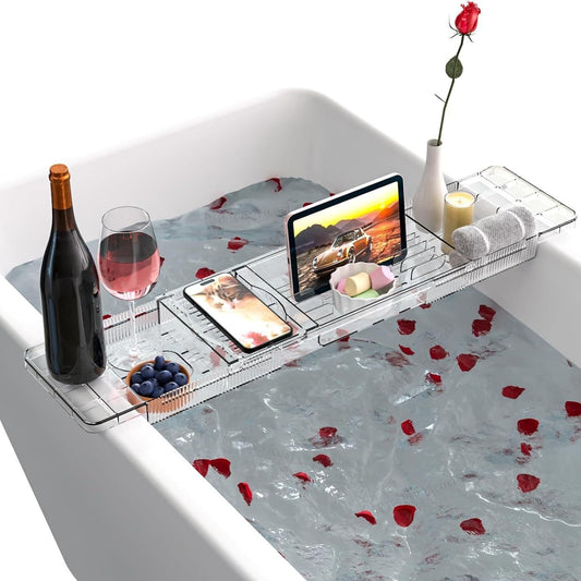 Bath Trays for Across the Bath Shelf Over Board Rack with Non-Slip Design IPad Holder Transparent Bath Caddy Tray for Books Phone Adjustable