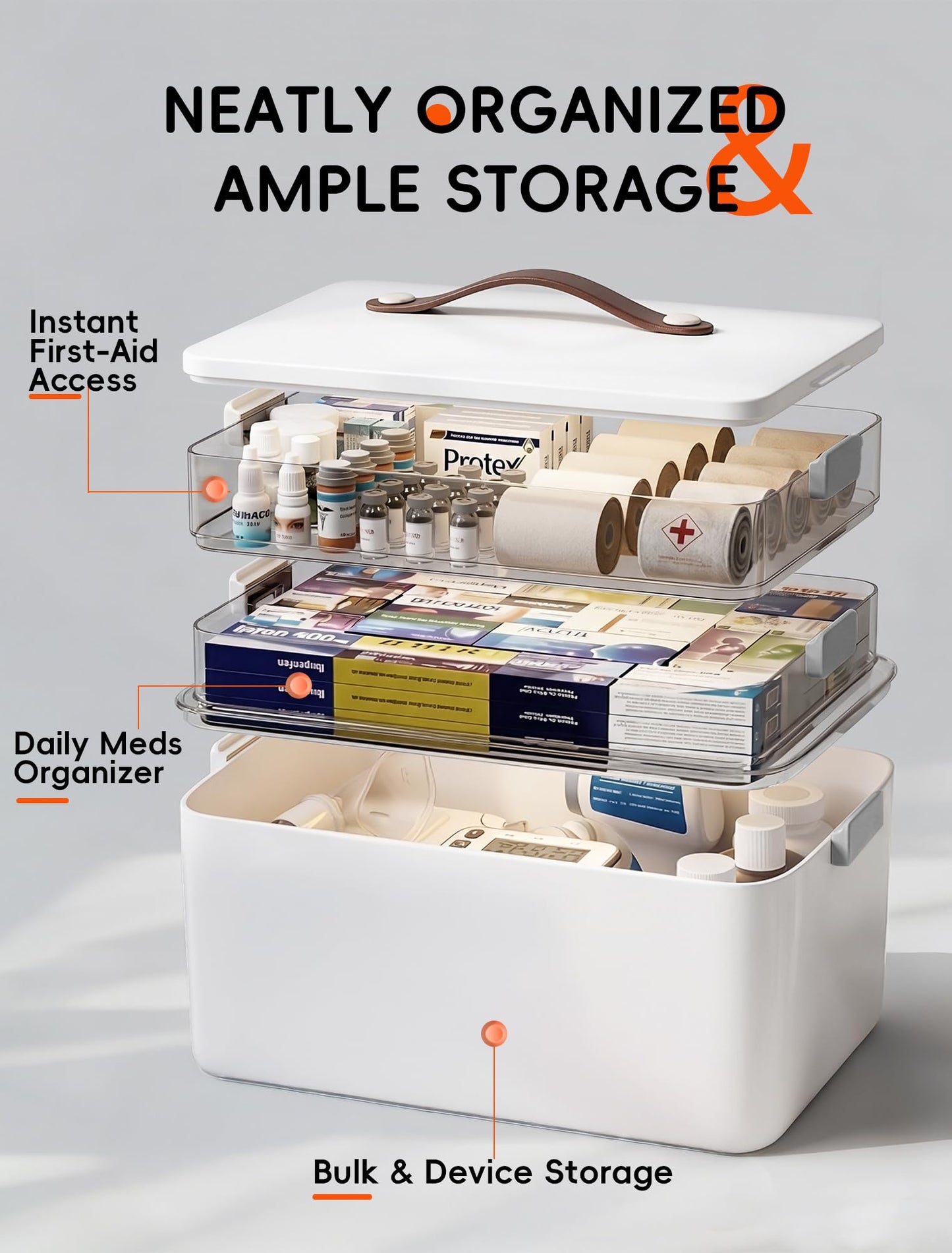 Medicine Storage Box, 3-Tier Medicine Organiser with Carry Handle, Large First Aid Storage Container with Clear Trays, White Medicine Storage Case
