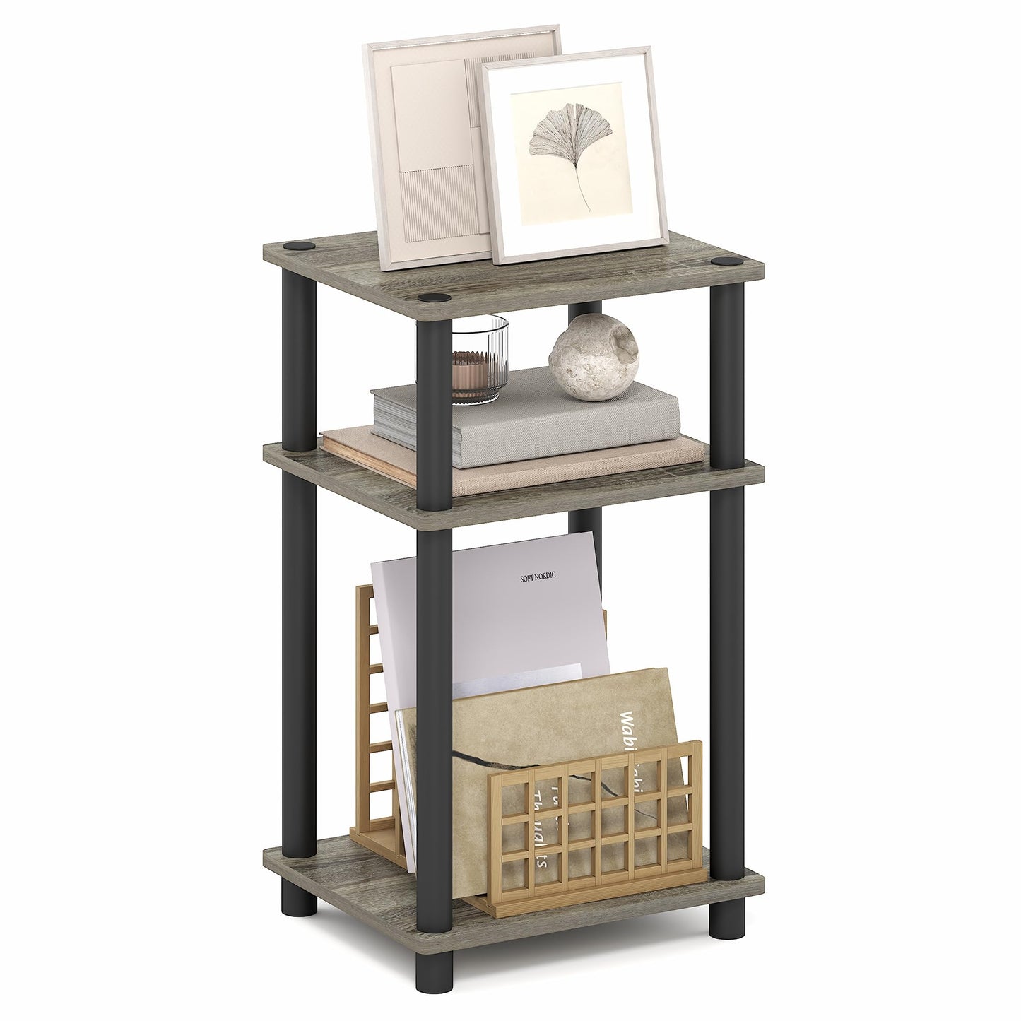 Furinno TURN-N-TUBE Side Table, 3-Tier End Table, Night Stand, Bedside Table, for Living Room, Bedroom, Grey Oak