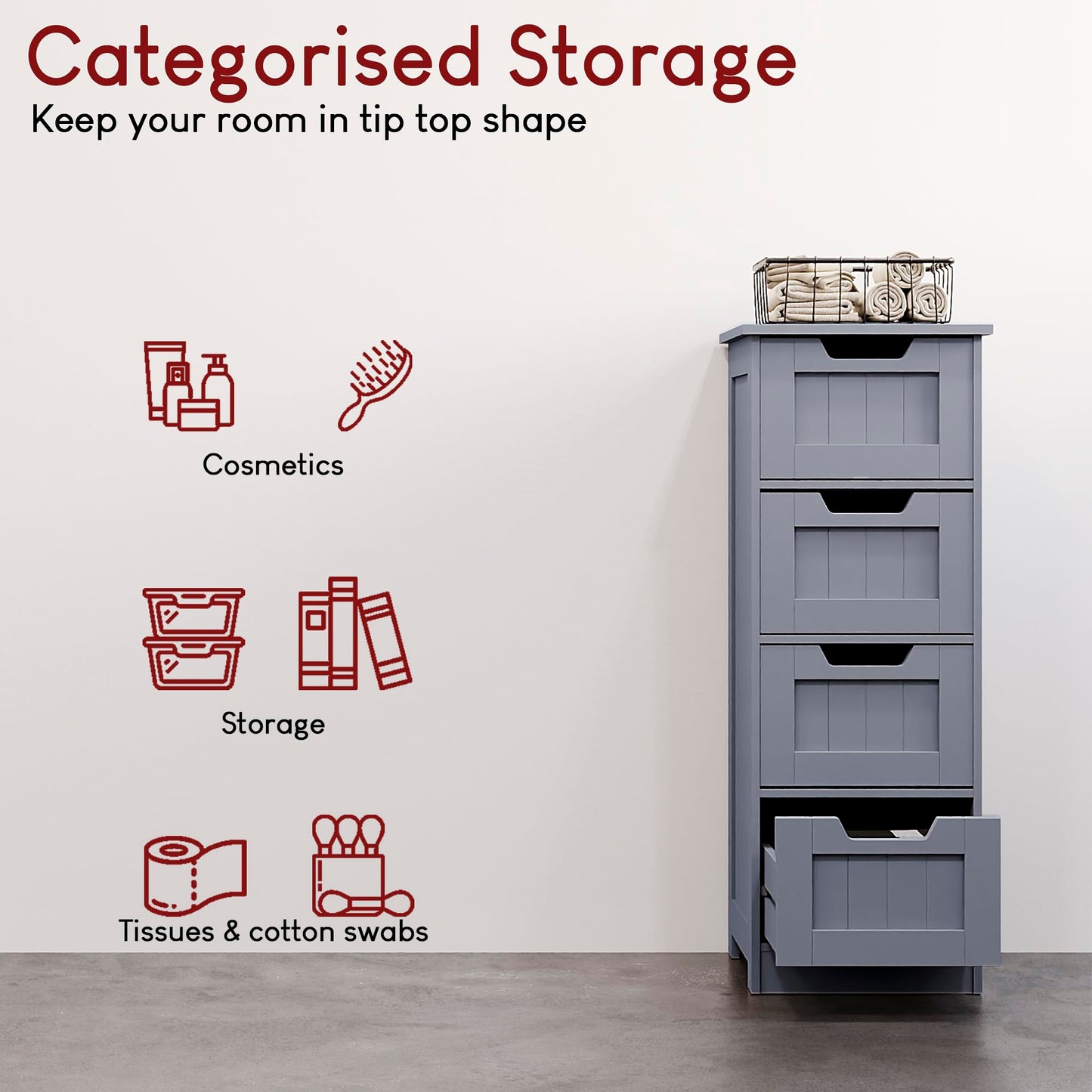 Bath Vida Priano Freestanding 4 Drawer Bathroom Storage Cabinet Unit, Grey
