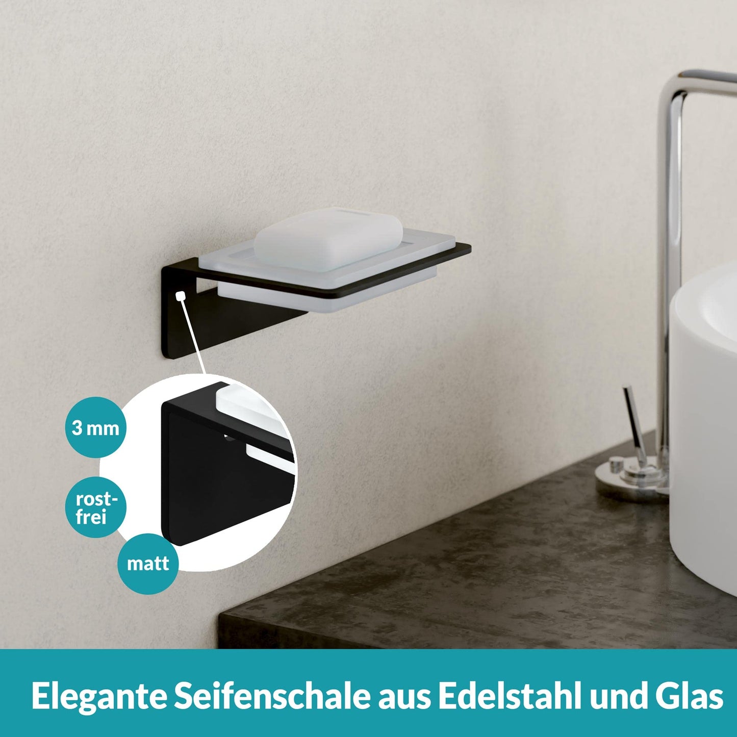 WEISSENSTEIN Soap Dish self adhesive - 100% Stainless steel and glas - Wall mounted bathroom accessories