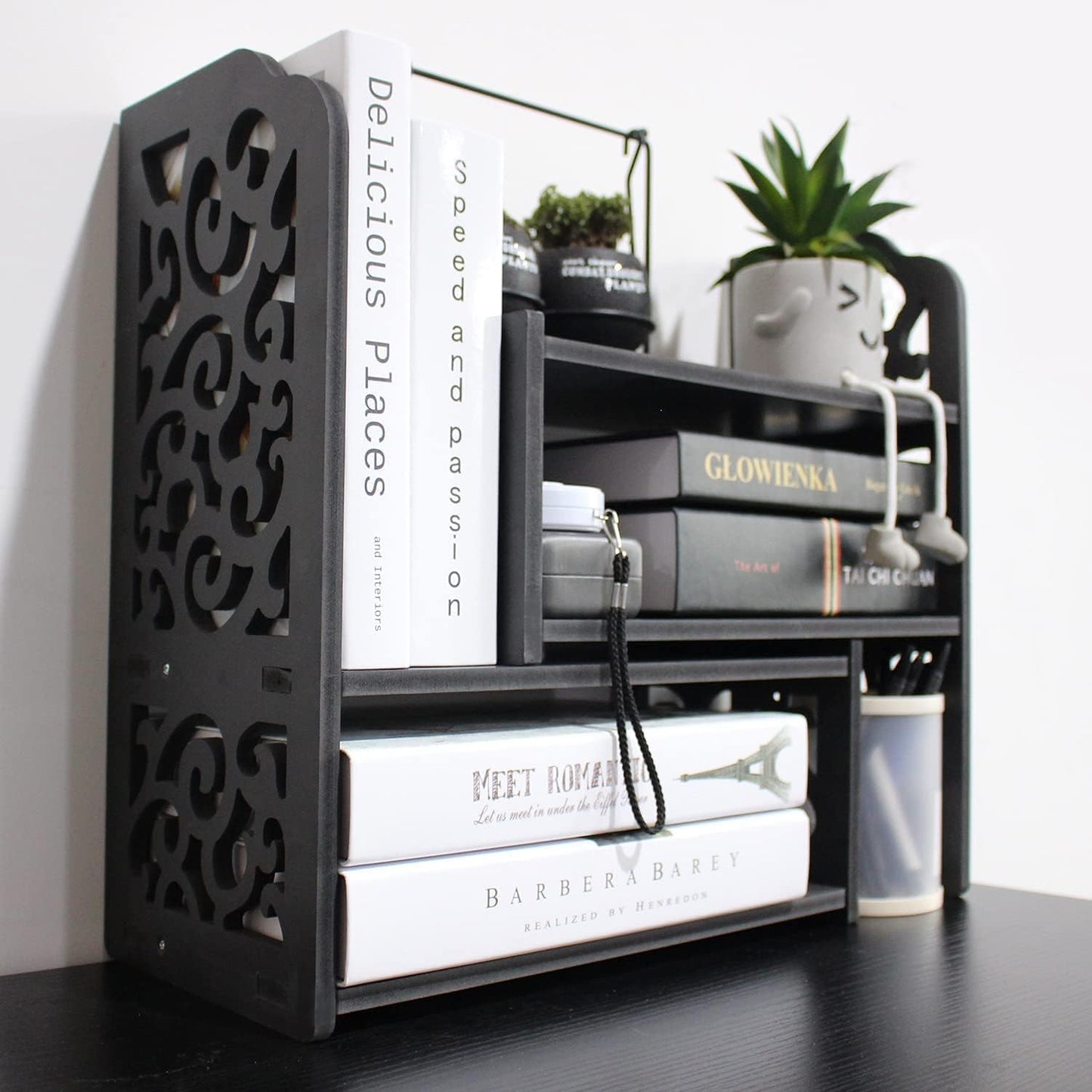 DoToGo Desk Shelf Organizer, Deskop Bookshelf for Small Space Adjustable Expendable for Office, Home, Kitchen (Black cloud)