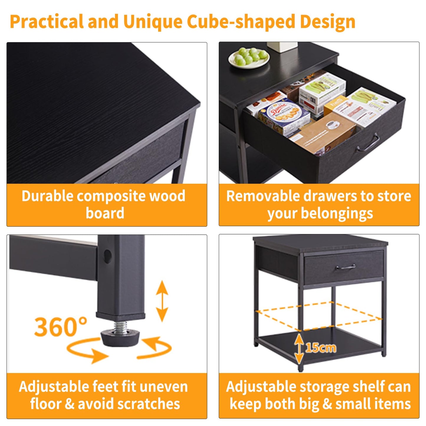 Aibiju Large End Table with Fabric Drawer, Adjustable Storage Shelf 20 inch, Square Tea Table, Dorm Fridge Stand, Large Printer Stand for Office