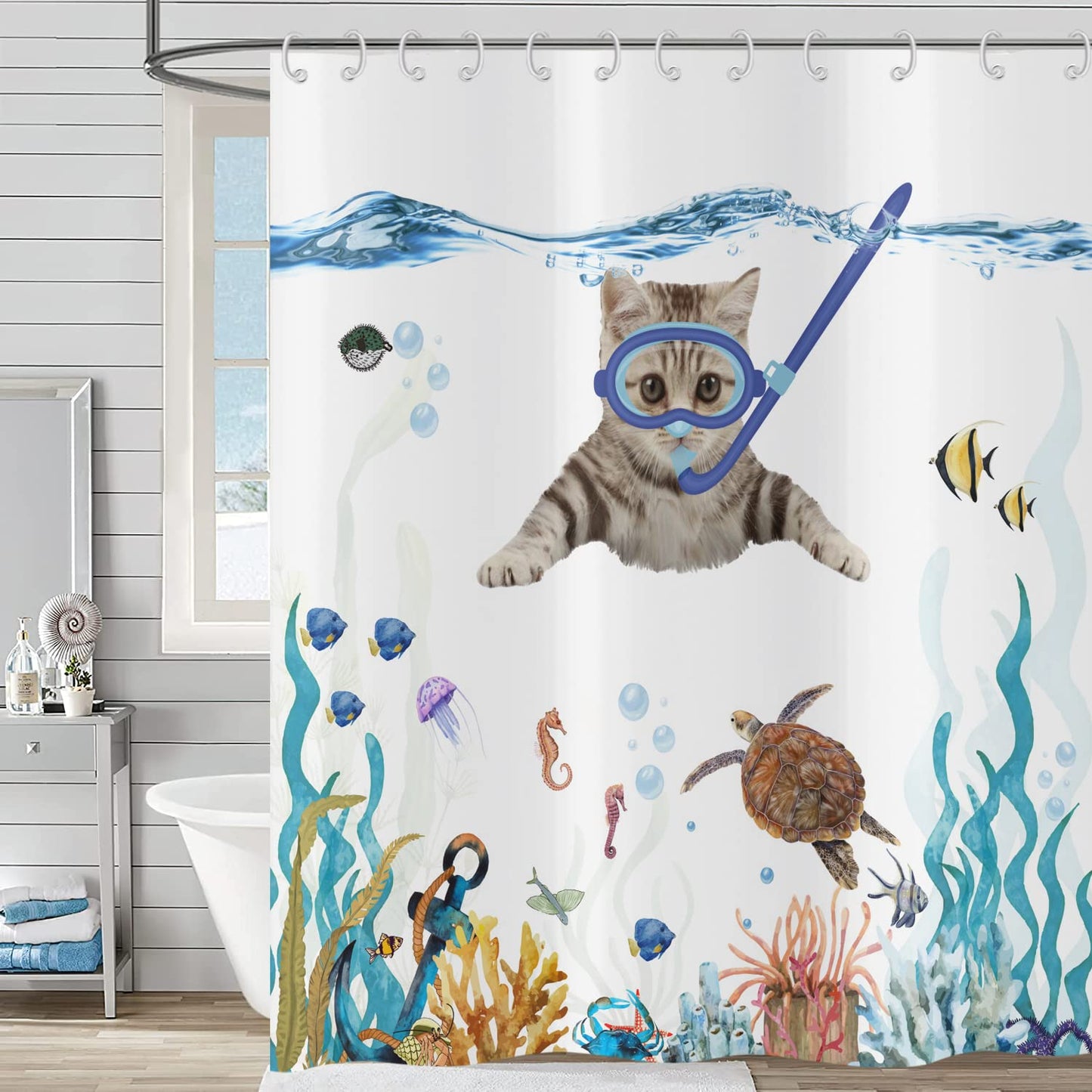 Hnmdmyi Funny Cat Shower Curtain 180x200, Cute Kitten Swimming in Teal Blue Ocean Bathroom Curtains Sea Turtle Tropical Fish Jellyfish Starfish Coral