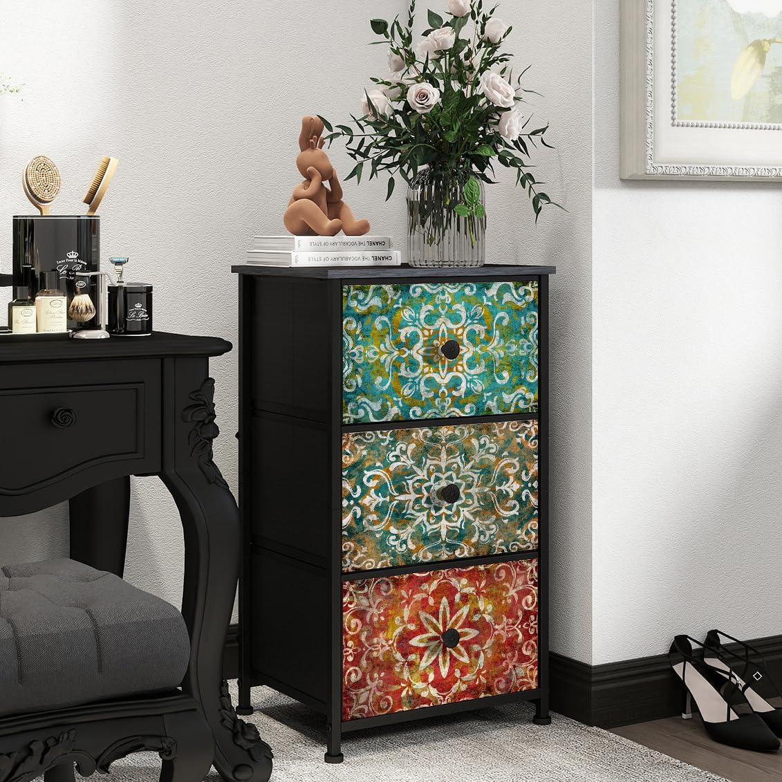 Welfuturer Chest of Drawers Bedroom with 3 Fabric Drawers Bohemian Print, Small Storage Unit Nightstand End Table with Wood Top Metal Frame for