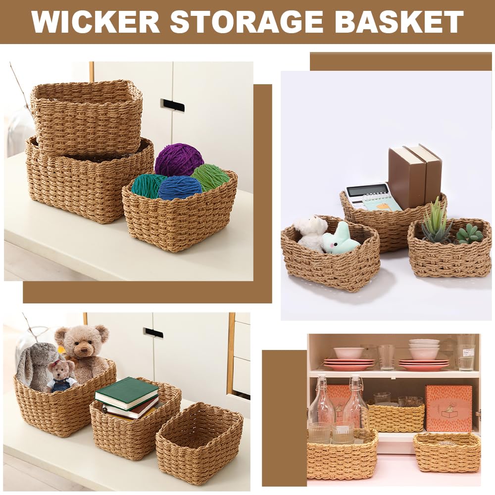 Lighterday Wicker Gift Baskets 4 Pcs Small Hampers - Woven Storage Basket 4 Sizes - Brown Rectangular Wicker Baskets for Shelves, Gift, Bathroom