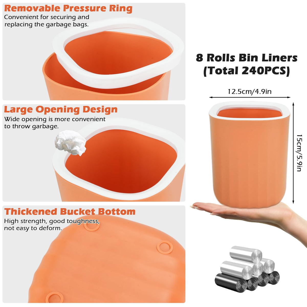 4PCS Mini Desktop Trash Bin, Colourful Wastebasket Bathroom Bins with 8 Rolls Bin Liners, Small Plastic Tea Bag Trash Can 12.5*12.5*15cm