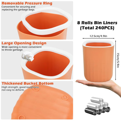 4PCS Mini Desktop Trash Bin, Colourful Wastebasket Bathroom Bins with 8 Rolls Bin Liners, Small Plastic Tea Bag Trash Can 12.5*12.5*15cm