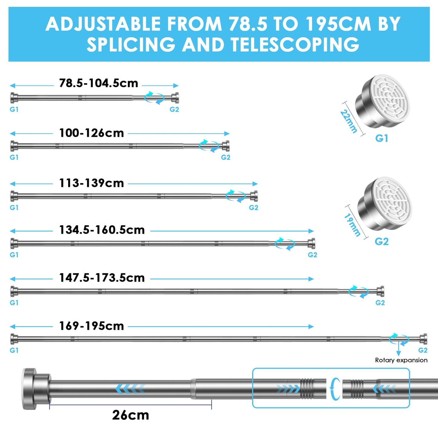 Shower Curtain Pole,Extendable Curtain Poles 79-195Cm,Shower Poles Extendable No Drill,Shower Curtain Rail Non-Slip,Sliver Shower Pole For