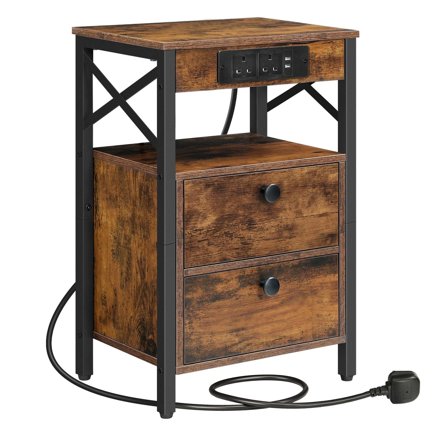 HOOBRO Bedside Table with Charging Station, X-shaped End Table with 2 USB Ports and 2 AC Outlets, Side Table Living Room, Nightstand with 2 Drawers,
