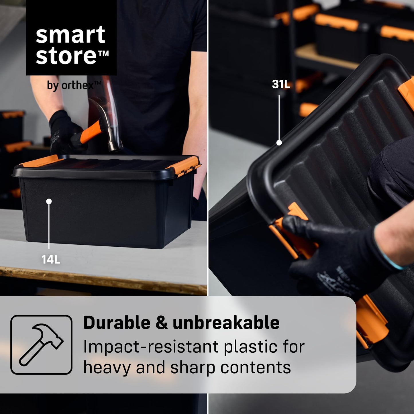 SmartStore extra-durable plastic storage boxes with lids | 31 L | 6-pack | Stackable bins with clip locks for tools, garage, or moving | BPA-free