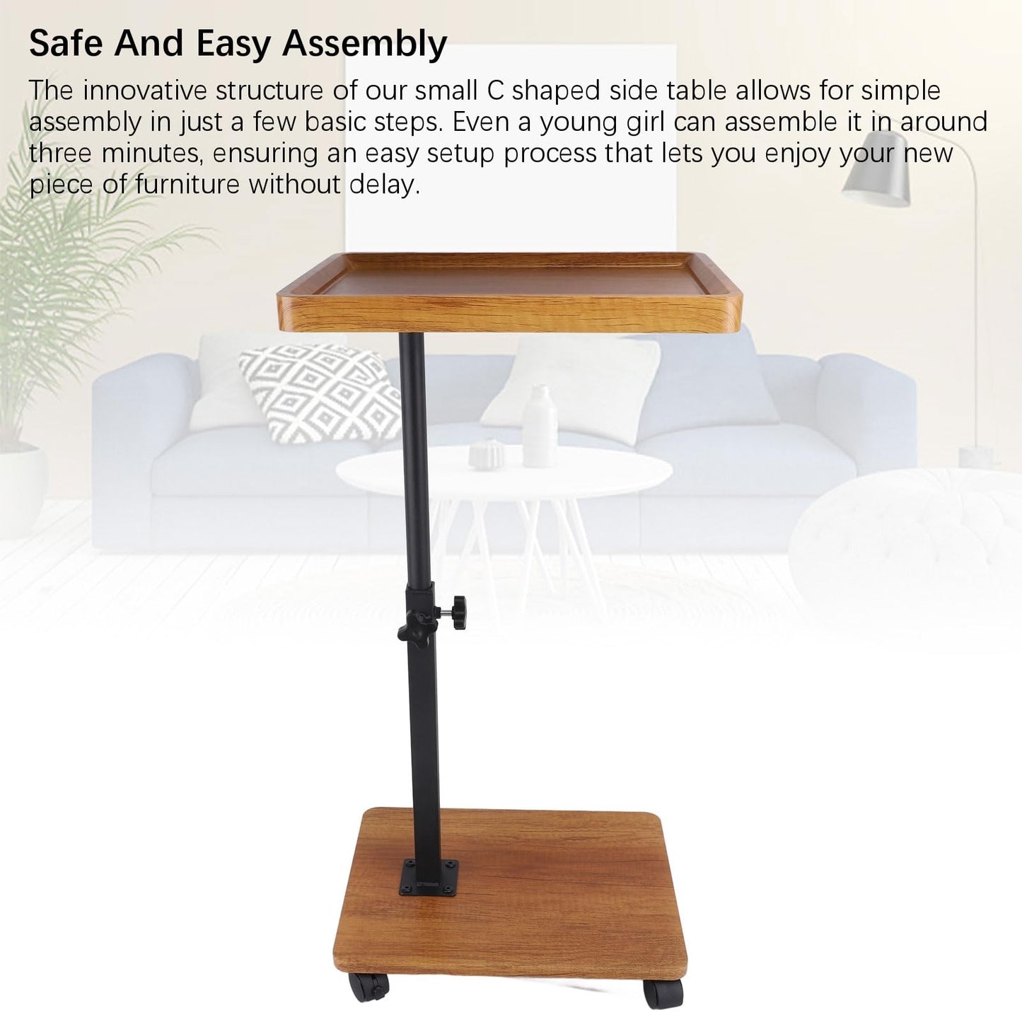 lyrlody C Shaped Side Table, Height Adjustable Overbed Table Wood Density Board Coffee Table Bed Table with 360° Swivel Wheels for Home Bedroom