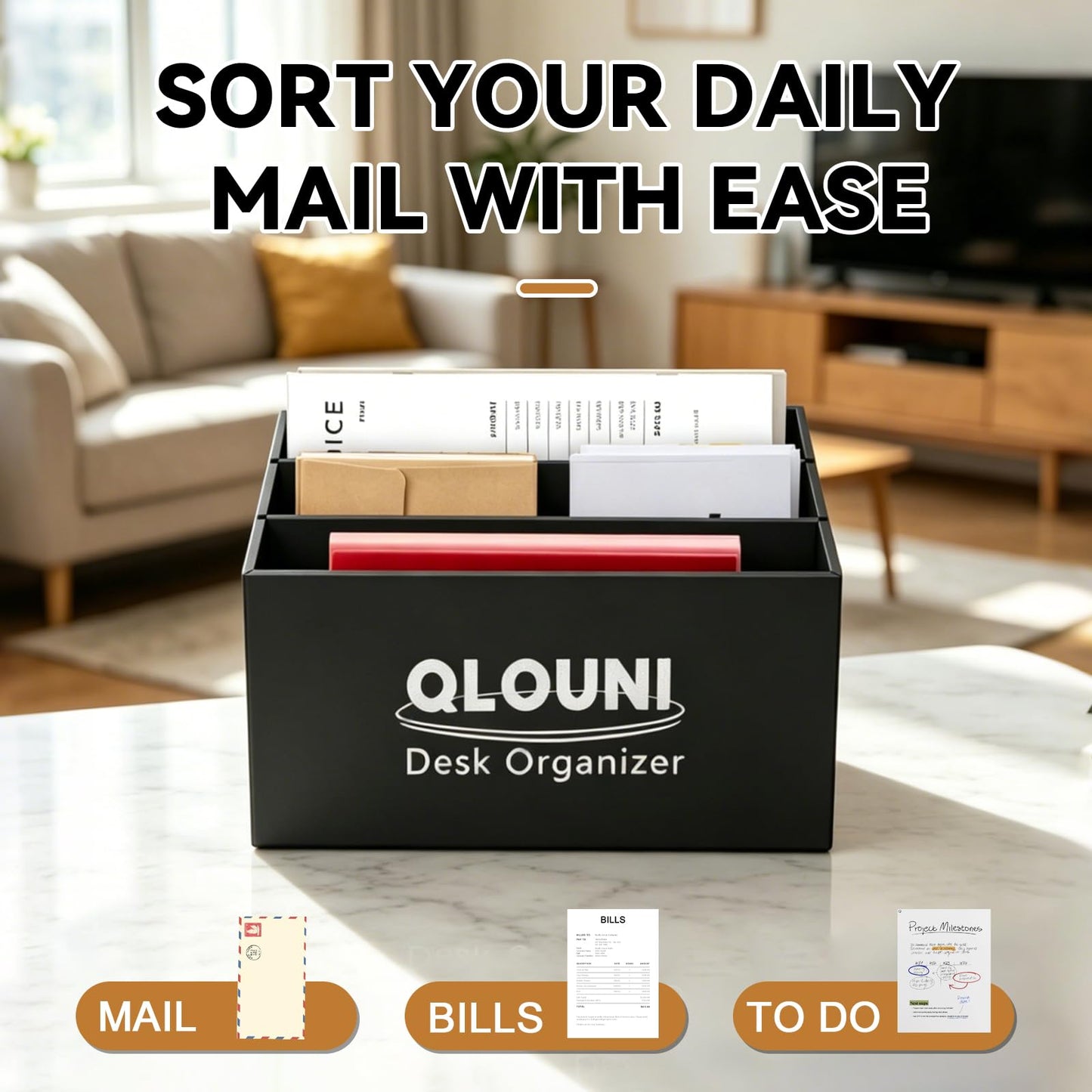 QLQUNI Desk Organiser, 4 Compartment Step Desk Tidy, Black Desktop Storage Box for Letters, Bills, Stationery & Office Supplies