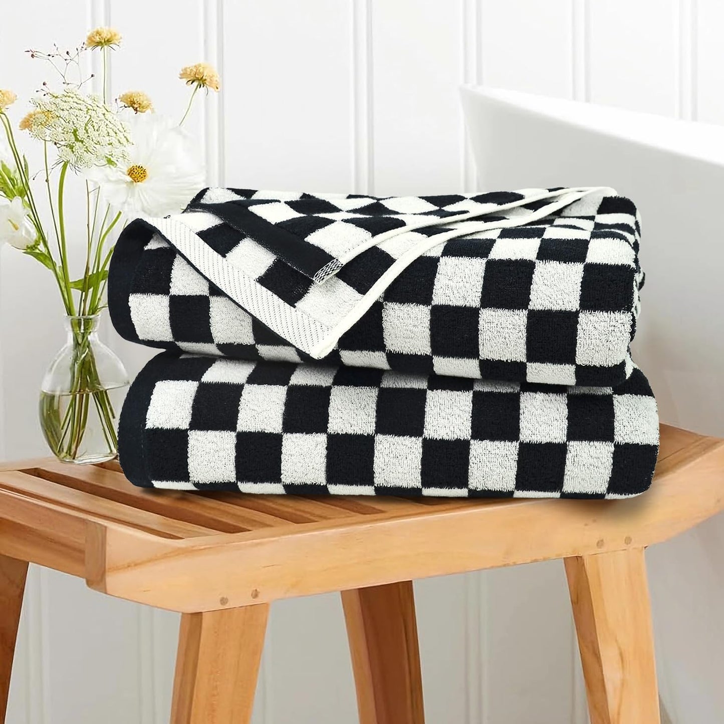 Jacquotha Black and White Checkered Bath Towels Set of 2-100% Cotton 27.5"x55" - Soft, Absorbent, Quick Dry Bath Towels for Bathroom, Pool, Beach, Spa