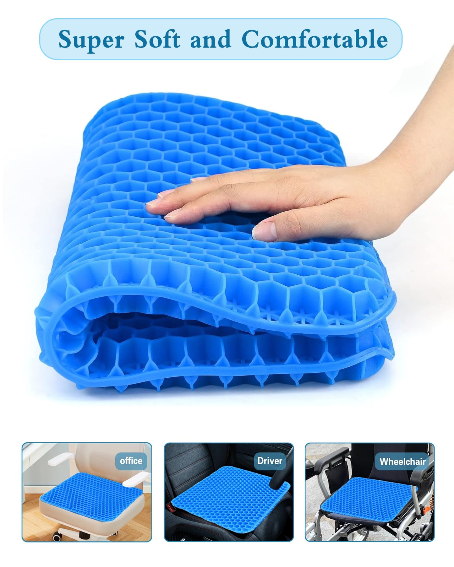 Rewoalzx 2025 Upgraded Cooling Gel Seat Cushion 50x50x5cm - Extra Thick Honeycomb Blue Cushion for Back Pain Relief, Breathable & Machine Washable