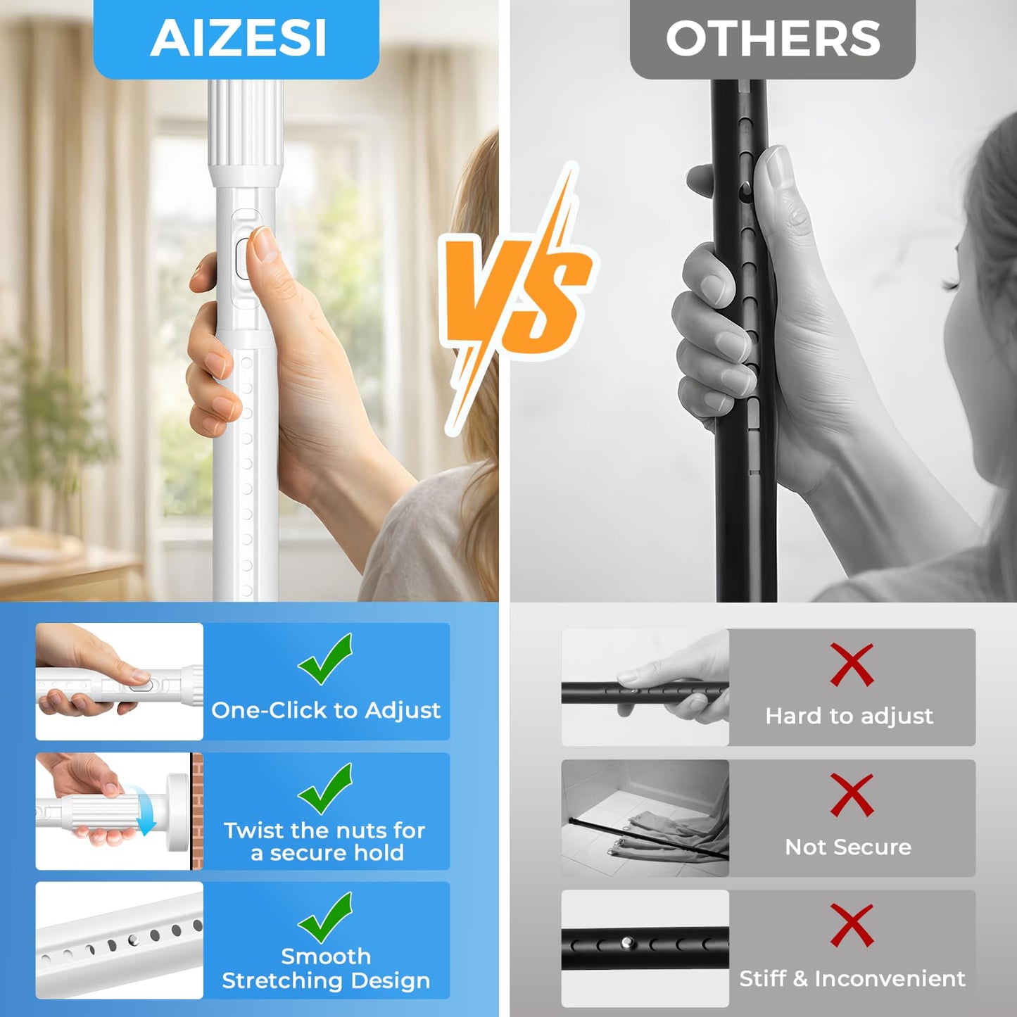 AIZESI White Shower Curtain Pole 104-322Cm, Extendable Curtain Poles Extra Long Tension Rod, Shower Curtain Rail Room Divider Curtain Rod