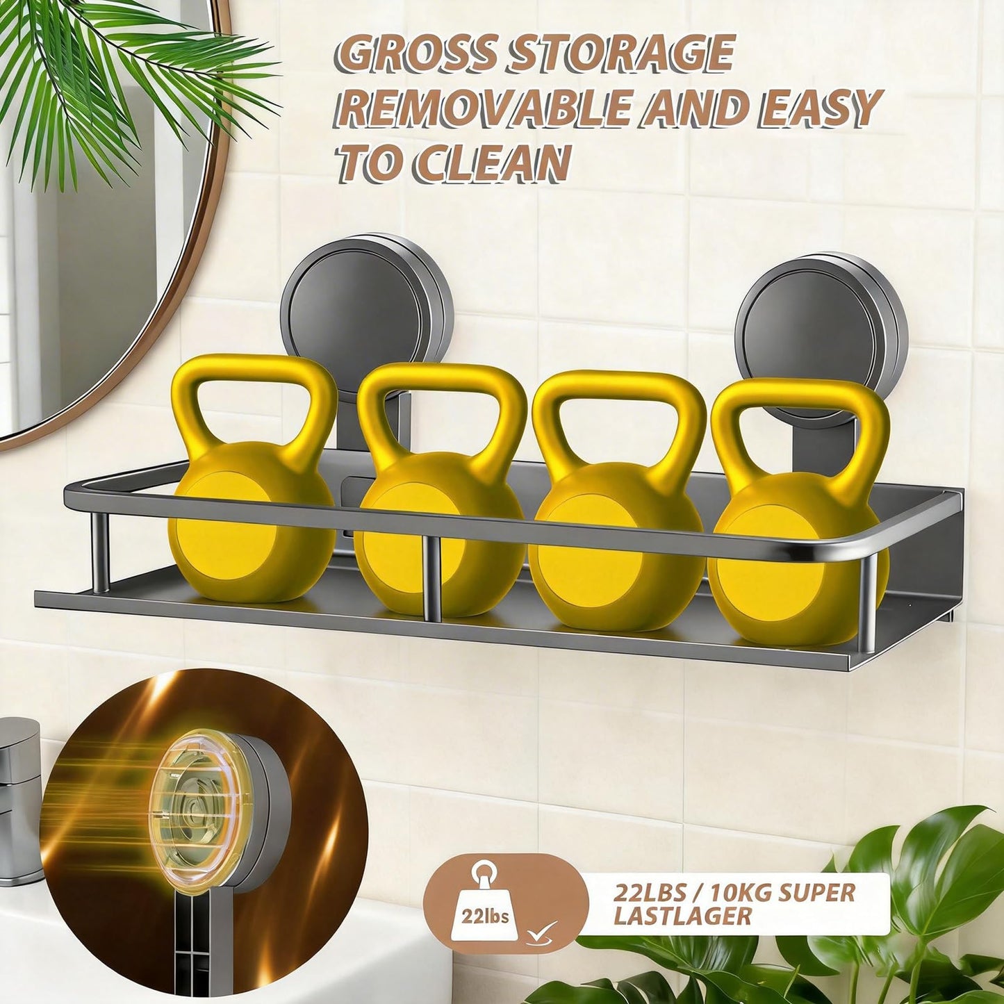 YancLife Suction Shower Caddy - Grey Suction Cup Shower Organiser, No Drilling Storage Basket for Spice Jars and Shampoo