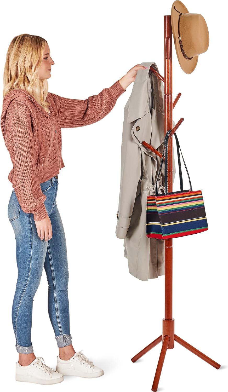 Ceciliec Coat Rack Free Standing - Wooden Coat Tree with 6 Hooks - Coats, Purses, Hats - Adjustable Sizes, Easy Assembly (Cherry)