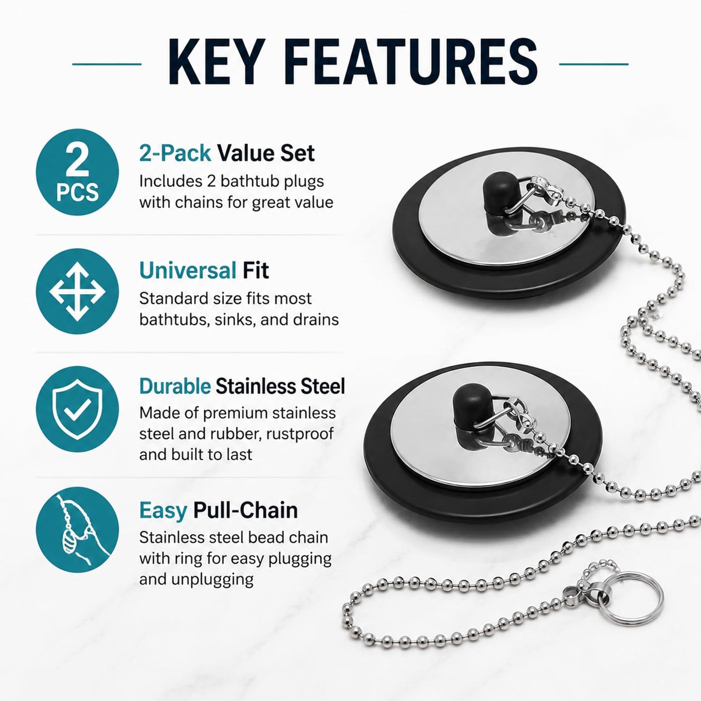2 Pcs Bath Plug with Stainless Steel Chain for Bathroom & Kitchen