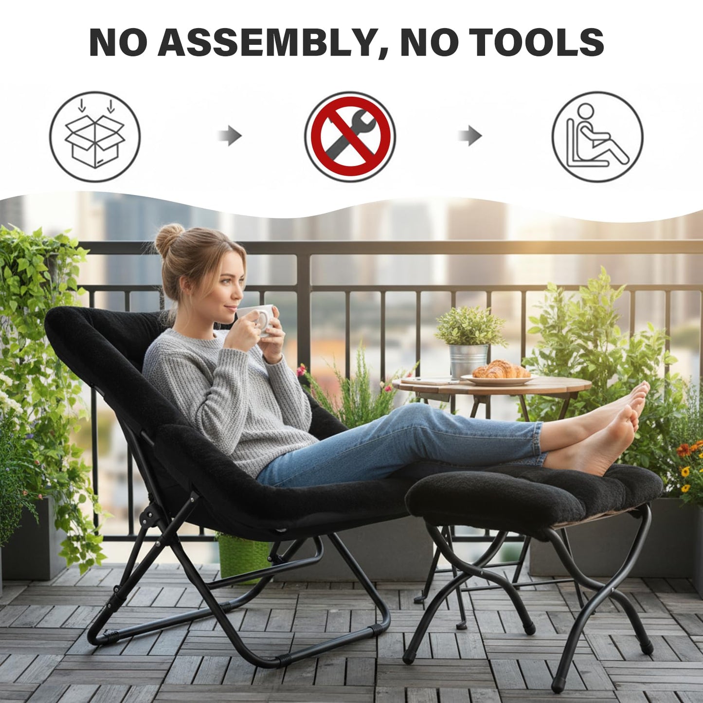 SESHINELL Saucer Chair with Ottoman, Oversized Foldable Faux Fur Lounge Seat with Metal Frame, Cosy Accent Chair for Bedroom, Living Room or Dorm